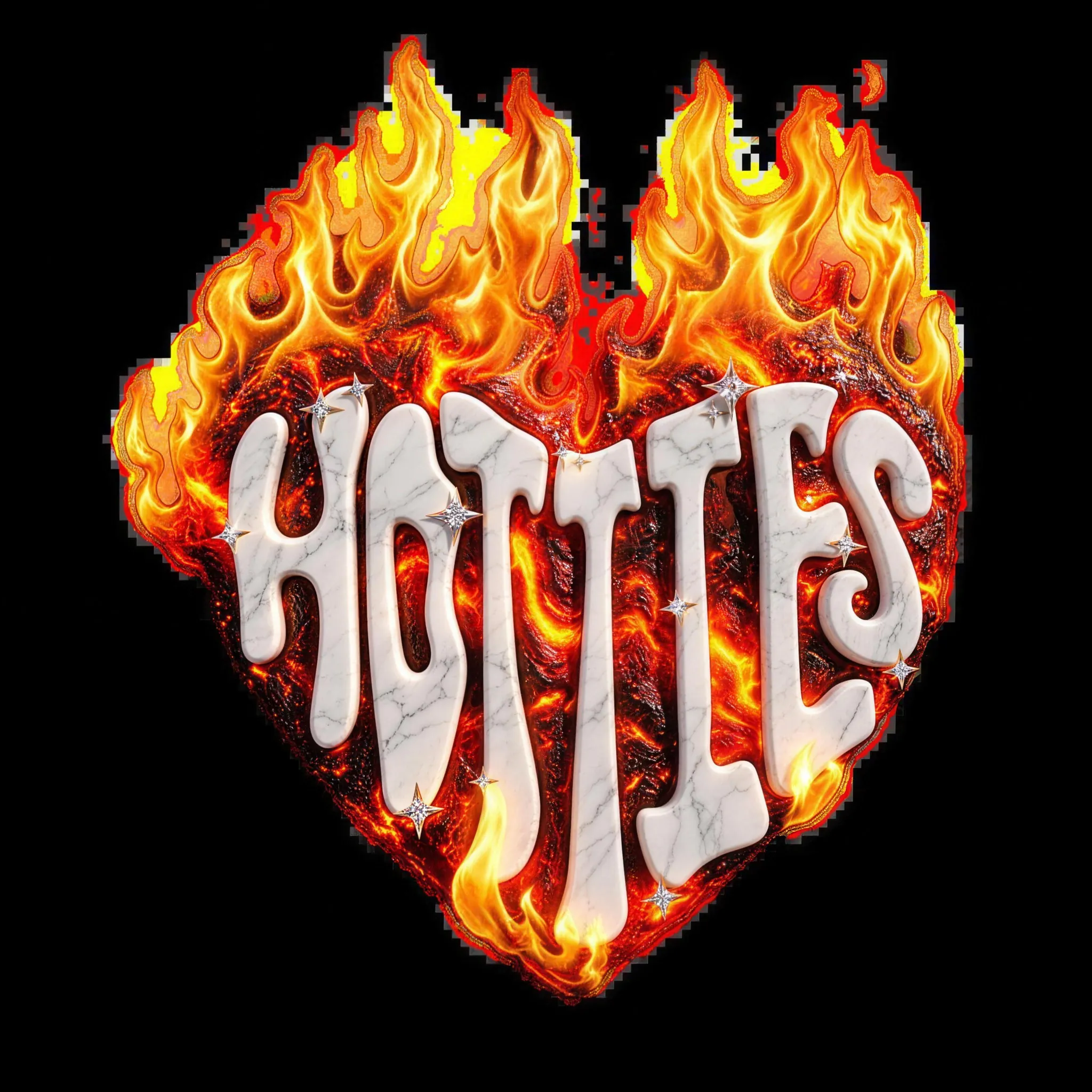 The Hotties logo: marble letters inside a flaming heart on a pink backdrop